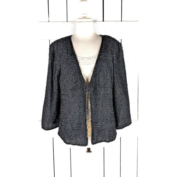 90s vintage black beaded cover up evening blazer jacket XL - Picture 2 of 6